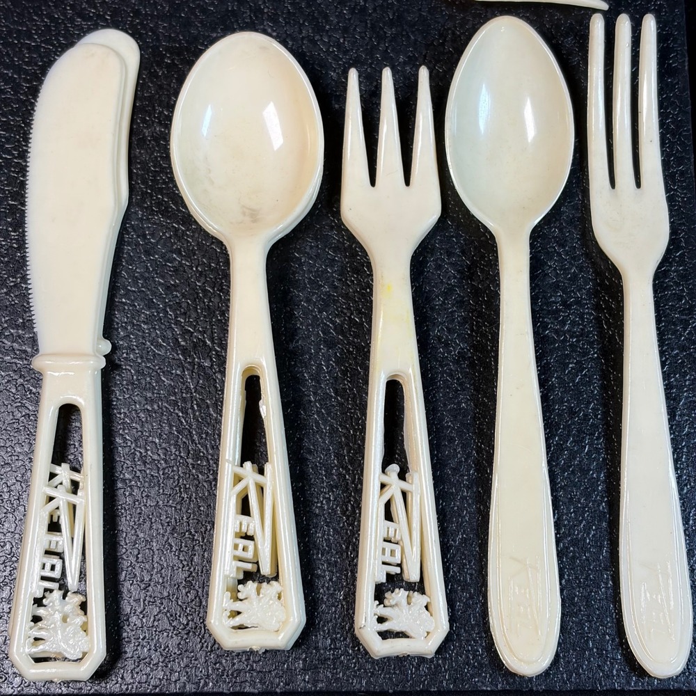 11pc Vintage MARLA Brazilian MCM Flatware Ivory Resin Pierced Scenic Handles